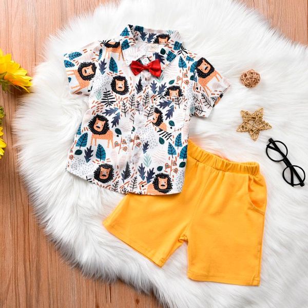 

toddler kids gentleman clothes set baby boys cartoon floral print bow shirt shorts outfits 2 pcs summer boy clothing set, White