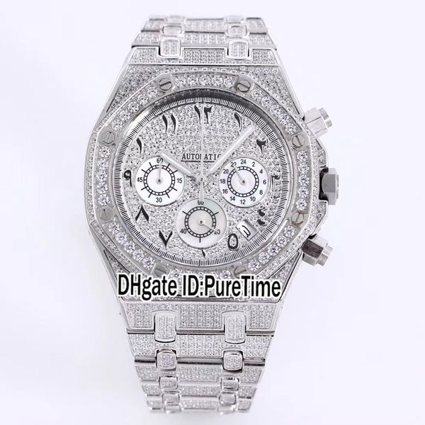 

new royal full iced out vs moissanite diamond pave silver dial arabic numerals markers japan vk quartz chronograph mens watch puretime 112a1, Slivery;brown