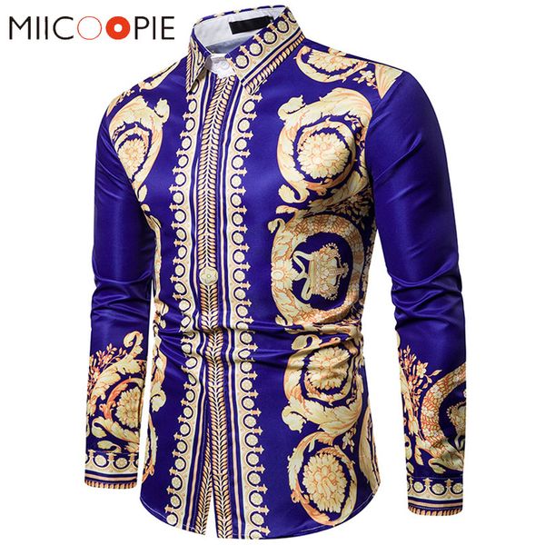 

luxury floral shirt men royal crown print mens shirts casual slim fit camisa social blue baroque party formal shirts for men 3xl, White;black