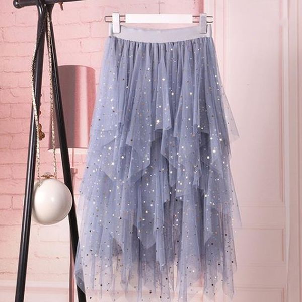 

shiny stars sequins irregular tulle skirts women 2020 spring chic fairy sweet cake mesh skirt female elegant lady faldas, Black