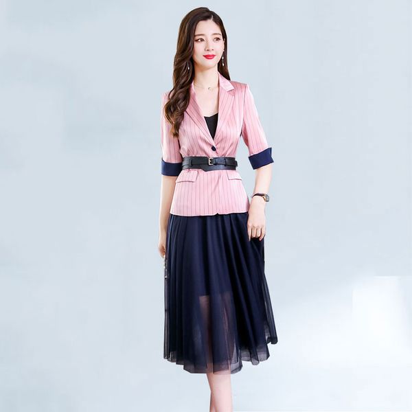 

elegant lady office work wear two piece outfits 2019 spring designer women one button striped belted blazer tulle skirt suit set, White