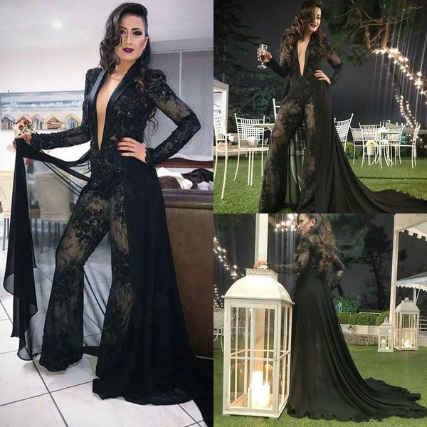 

black jumpsuits with detachable train deep v neck lace appliqued beads pearls long sleeve prom dresses party wear sparkly evening gowns, Black;red