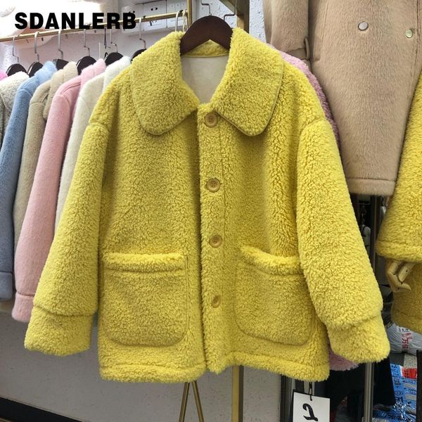 

lambs short coat woman 2019 autumn winter new korean loose cotton coat lapel thicker plush warm padded girls students fur parka, Black