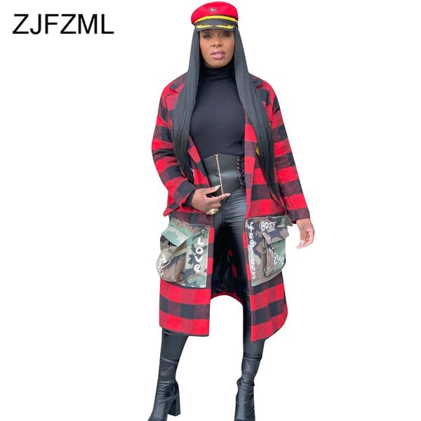 

letter camouflage print maxi plaid cardigan women turn down collar long sleeve coat streetwear lady plus size loose open stitch, Black;brown