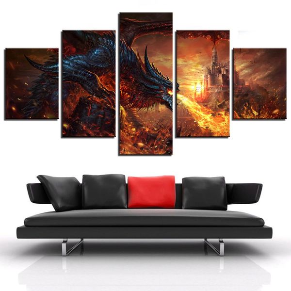 

5 piece fantasy art paintings fire dragon poster world of game poster pictures canvas paintings wall art for home decor