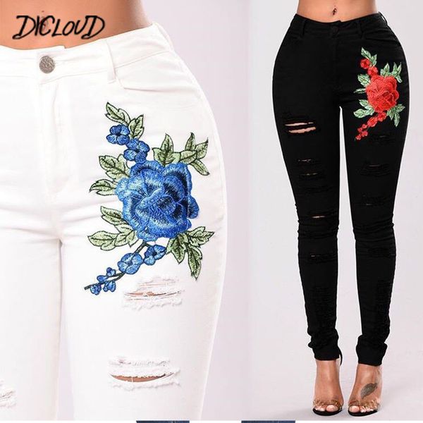 

dicloud черный белый hole вышитые джинсы женские модные узкие джинсы женщина vintage высокой талией плюс размер джинсовые брюки, Black;gray