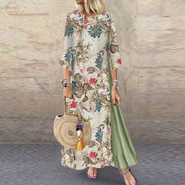 

women fall dress plus size new fashion vintage print floral patch dress sleeve o neck loose maxi summer dress 2020 m840, Black;gray