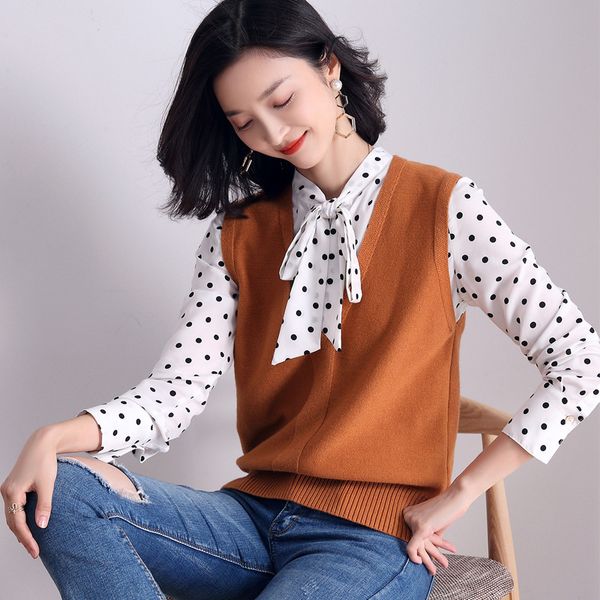 

жилет 2020 новой весна осень женщина vest твердые рукава глубокого v-образный вырез с коротким snit вязаного все сопрягаемая femme веста, Black;white