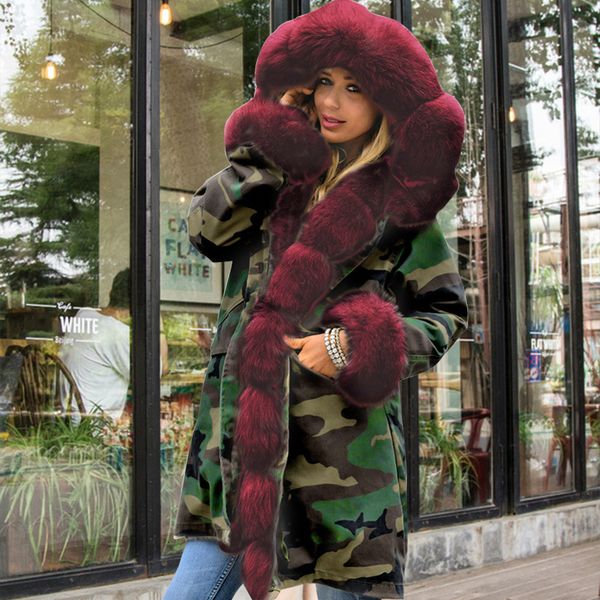 

faux fur camouflage outwear thicken daily warm parkas outdoor winter slim office women hooded coat shopping casual, Black
