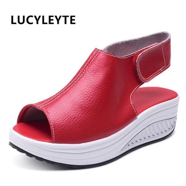 

summer sandals female 2020 leather slope with the heel sandals fish mouth thick bottom shakes shoes women, Black