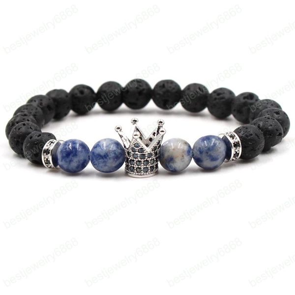 

2019 new crown cubic zirconia bracelet 8mm lave luxury designer jewelry frosted stone lava stone women bracelects men bracelet gift, Black