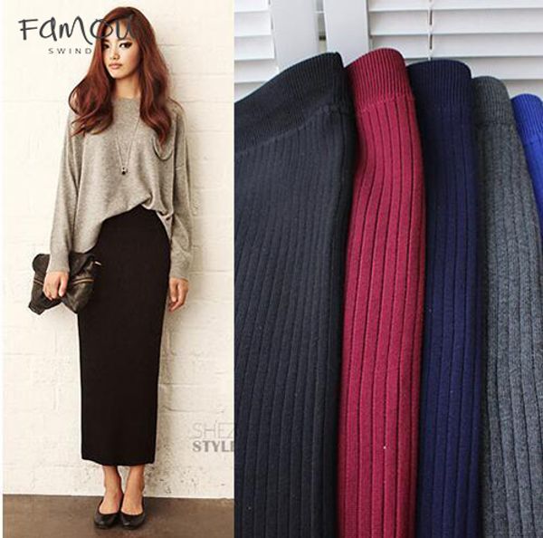 

Winter Women Vintage Woolen Skirt Elastic Waist Pencil Skirt Woman Office Skirt Jupe Long Femme Autumn E1123