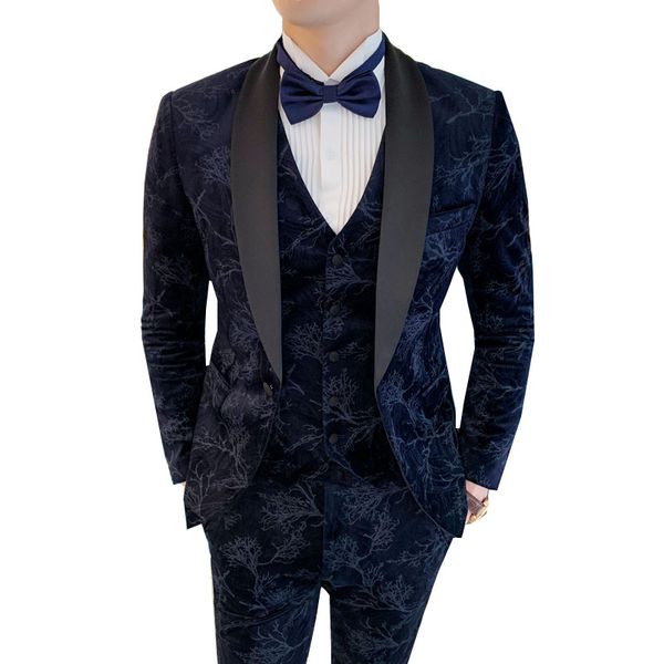 

velvet full dress men's suits 2019 navy blue black shawl collar slim fit print wedding party man suit 3 piece blazers pants, White;black
