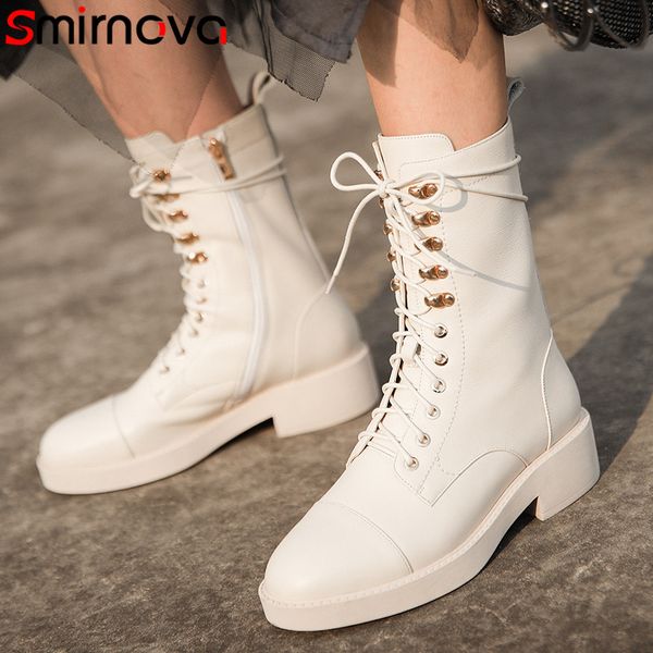 

smirnova 2020 genuine leather shoes women ankle boots round toe lace up motorcycle boots comfortable casual shoes woman, Black