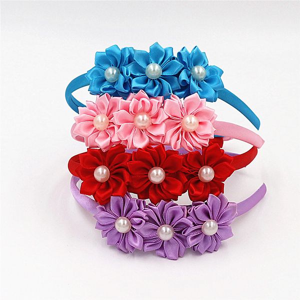 

cute solid color flowers hairbands hair hoop kids beautiful pearl headband princess headwear head hoop girl hair accessories, Slivery;white