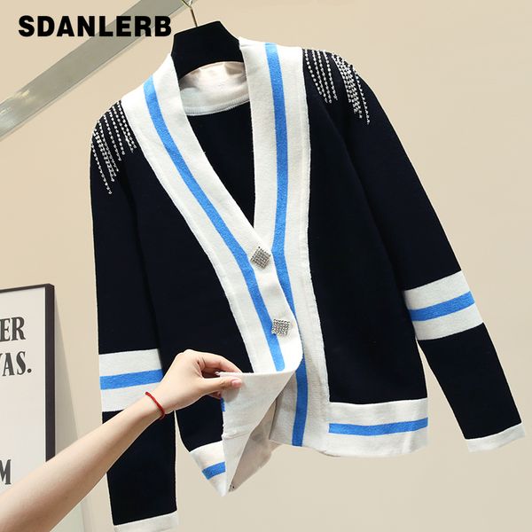 

autumn winter blue white stripe cardigan sweater coat women small fragrant chain thickened knitted sweater cardigan knitwear