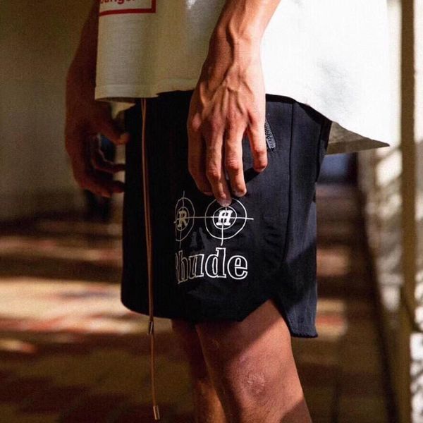 

19ss rhude new york small logo short mesh тренажерный зал короткие брюки мужчины женщины повседневная свободная пляжная улица хип хоп спорти, White;black