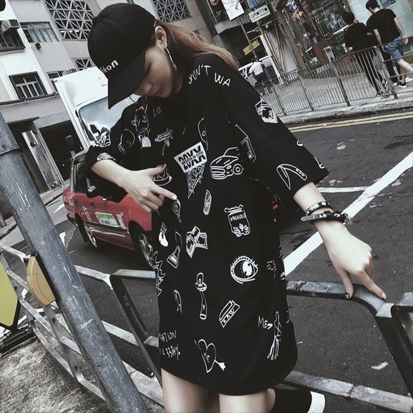 

hong kong fashion brand black t-shirt sausage trousers sausage female hip-hop bf hong kong flavor medium and long ins super t-shirt, White