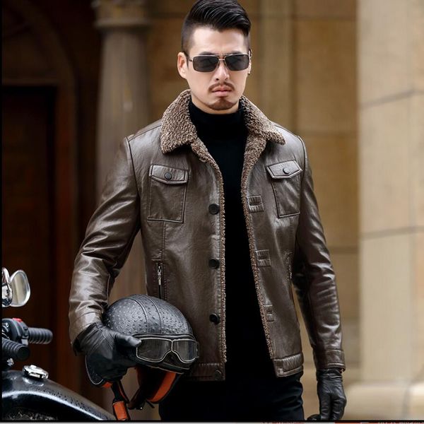 

m-4xl 2019 winter men's velvet thick casual genuine leather jacket special offer fashion sheep leather jacket plus size clothes, Black