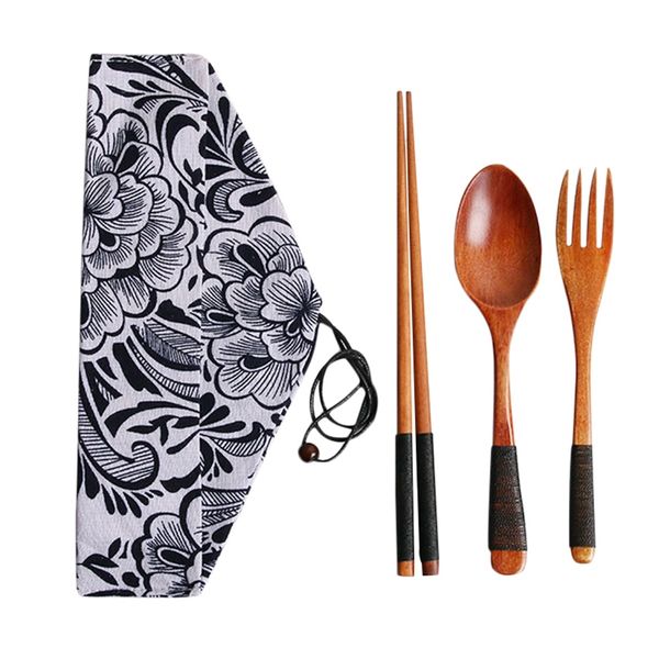 

4pcs/set kitchen utensil with cloth bag bamboo reusable portable wooden cutlery set spoon fork chopsticks for travel outdoor