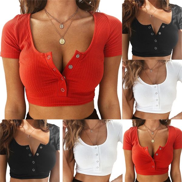

2019 blouse - pothole navel t-shirt 2019 short sleeved shirt round collar blouse short-sleeved pothole round collar navel short t-shirt, White