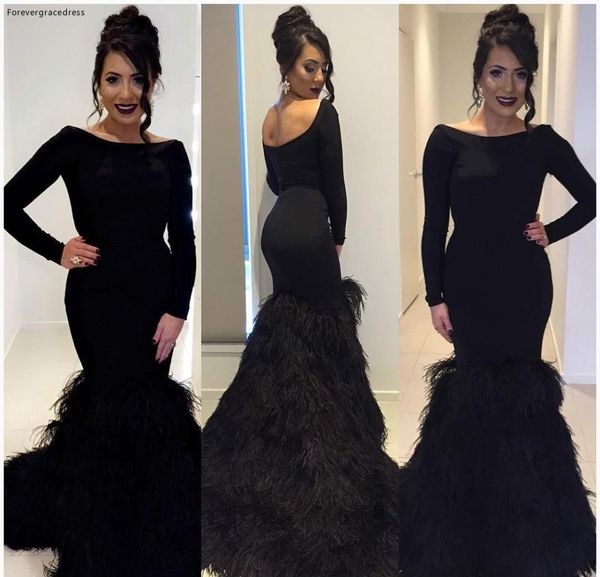 

2019 black feathers mermaid evening dress backless long sleeves formal holiday wear prom party gown custom made plus size, White;black