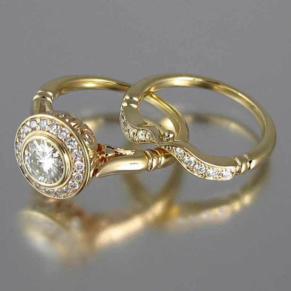 Luxo feminino anel de casamento conjunto vintage cristal ouro amarelo cor enchida anel empilhável promessa anéis de noivado para mulheres