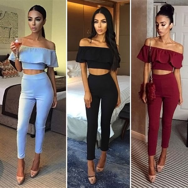 

women 2 piece set pants off shoulder ruffle blouse tight trousers bodysuit suit ks-shipping, White