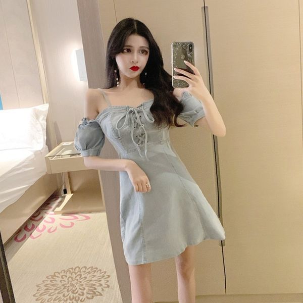 

women dressises 2020 summer new design sense minority strap wrapped chest strap fashion ageing temperament denim dress women, White;black