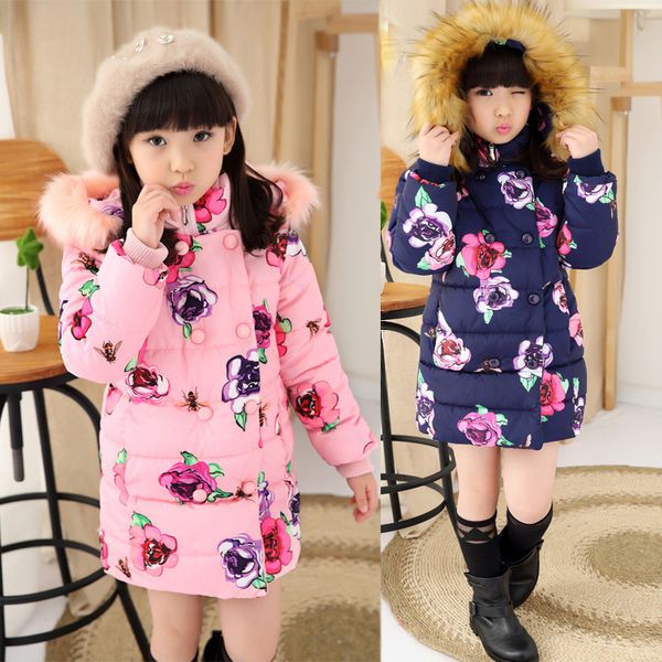 

girls printing down jacket small children lovely cotton child padded jacket hooded ears coat keep warm windproof winter clothes, Blue;gray