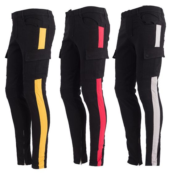 

spring and autumn high street hip hop pants side pocket long pants side zipper stripe for men slim male trouser cloth, Blue