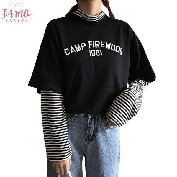 

patchwork tshirt aesthetic streetwear korean clothes women striped printed letter roupas feminina long sleeve fall shirts 2019, White