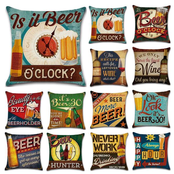 Britischer Stil, Retro-Bierflasche, Kissenbezug, Buchstabe, ländlicher Druck, Kissenbezug, 45 x 45 cm, Sofa-Nickerchen-Kissenbezüge, Heimdekoration, 24 Stile, C6103