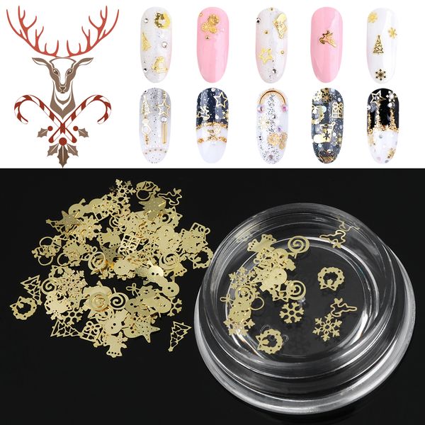 

1 box gold metal christmas 3d nail art decoration hollow snowflake star mixed design charm nail glitter slider polish accessorie, Silver;gold