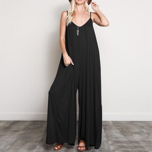 

2020 zanzea solid wide leg pants long overalls summer women deep v neck strappy sleeveless party rompers loose jumpsuits, Black;white