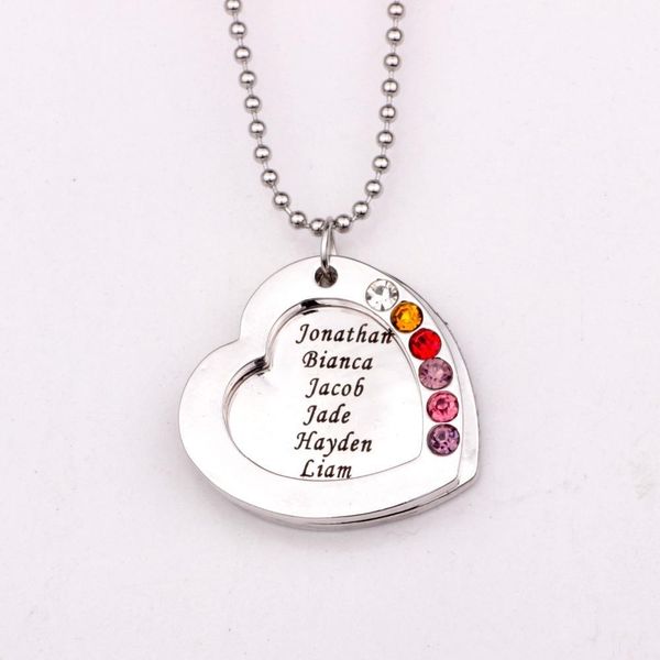 

family heart pendant necklace with birthstones birthstones long necklaces jewelry custom made any name yp2545, Silver