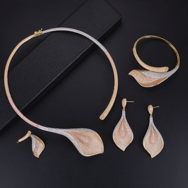 

larrauri luxury flower daffodil jewelry sets cubic zirconia wedding necklace dangle earrings bracelet ring boucle d'oreille, Silver