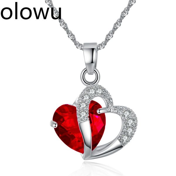 

olowu women cute/romantic heart necklace red blue purple color crystal pendant necklaces silver personalized necklace gifts