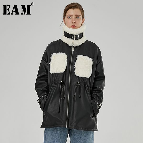 

eam] свободная посадка овечья шерсть большой размер pu кожаная куртка новый стенд воротник с длинным рукавом женщин пальто мода осень зима, Black;brown