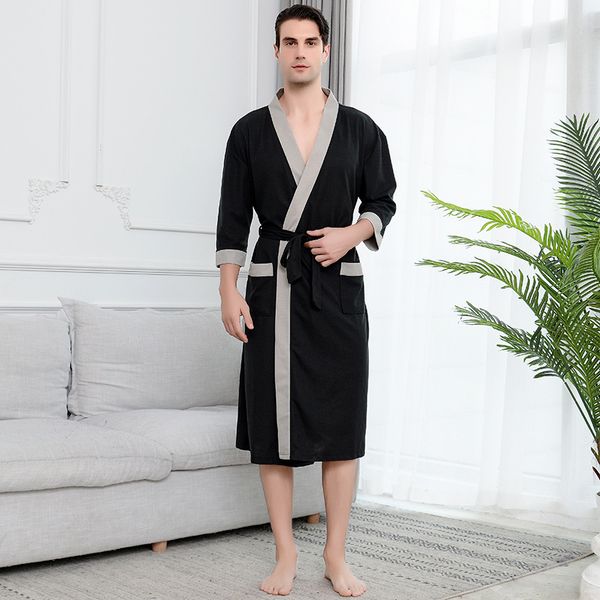 

men casual bathrobe spa robe new japanese-style kimono gown summer night gown patchwork nightgown water absorbing sleepwear, Black;brown