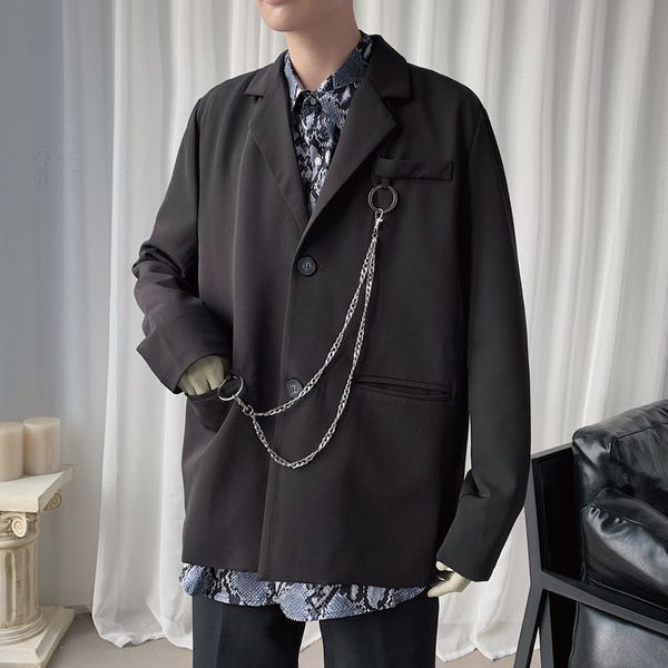 

men's suits & blazers korean dress jacket fashion solid color business casual chain men streetwear wild loose suit mens, White;black