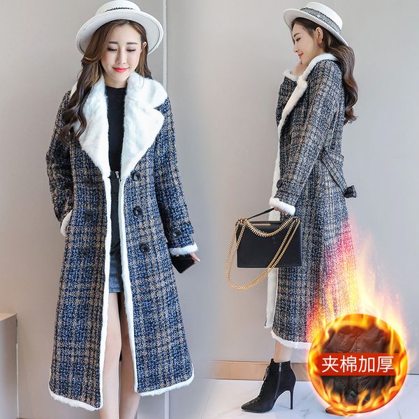 

plaid temperament waist 2020 winter new wild korean version of the slim fashion mid-length cotton jacket ladies, Black