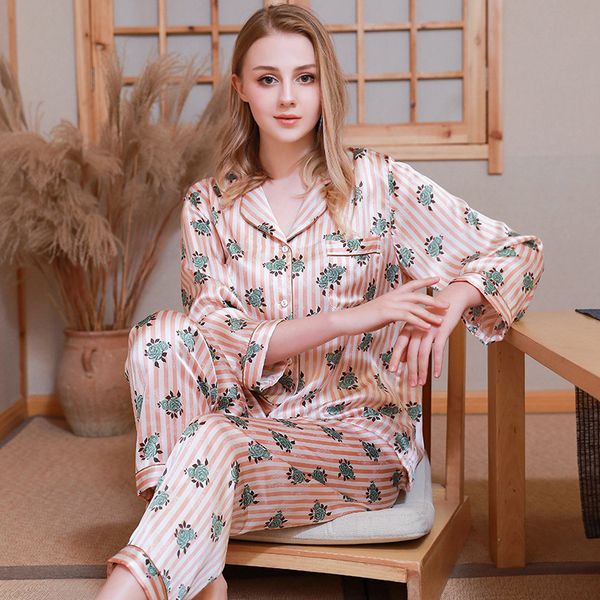 

100% silk pajama sets female comfortable spring summer fashion printed silk woman's sleepwear clothes pants two-piece t77166, Blue;gray