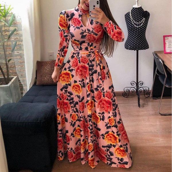 

fashion-floral bohemian maxi dress summer ladies boho floral print turtleneck bandage elegant sundress long sleeve vintage maternity dress, Black;gray