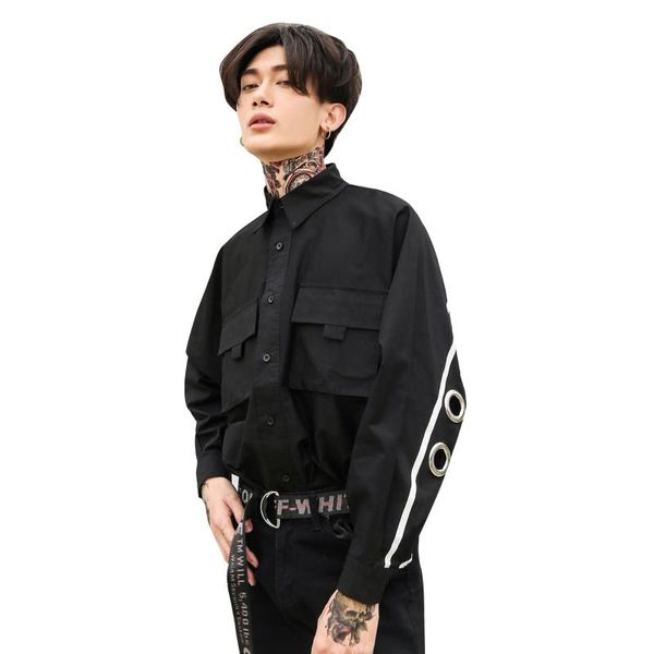 

man rivet iron ring hollow bat long sleeve shirt male high street fashion hip hop punk loose casual dress shirt stage costumes, White;black