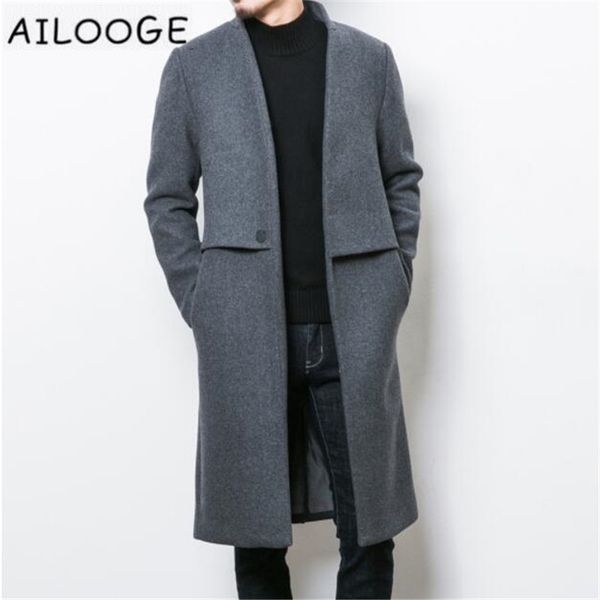 

chinese wind spring autumn new woolen coat men's long section of simple style woolen&blends stand-collar coat, Black