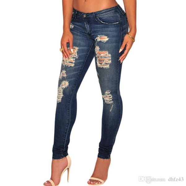 

новые женщины моды dark пескоструйные wash denim разрушенный тощие джинсы досуг modis джинсы карандаш брюки calça бесплатная доставка, Blue