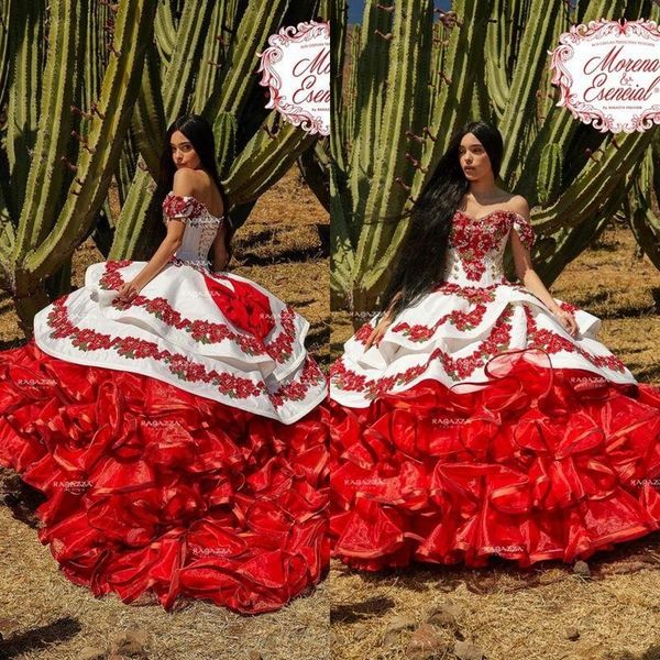 

2020 off shoulder ruffled floral charro quinceanera dresses puffy skirt lace embroidery princess sweety 16s girls masquerade prom dress, Blue;red