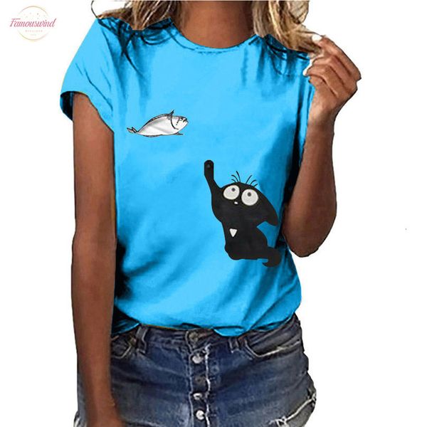 

camisetas verano mujer 2020 cat catching fish lovely women cotton t shirts harajuku cotton graphic tees chemise femme, White