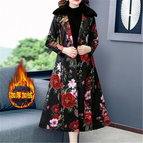 

mother's long fiower cotton jacket 2020 winter new fur collar long-sleeved middle-aged and elderly warm cotton coat tide h0038, Black